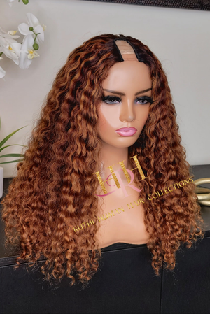 100% Human hair curly U part wig colored.