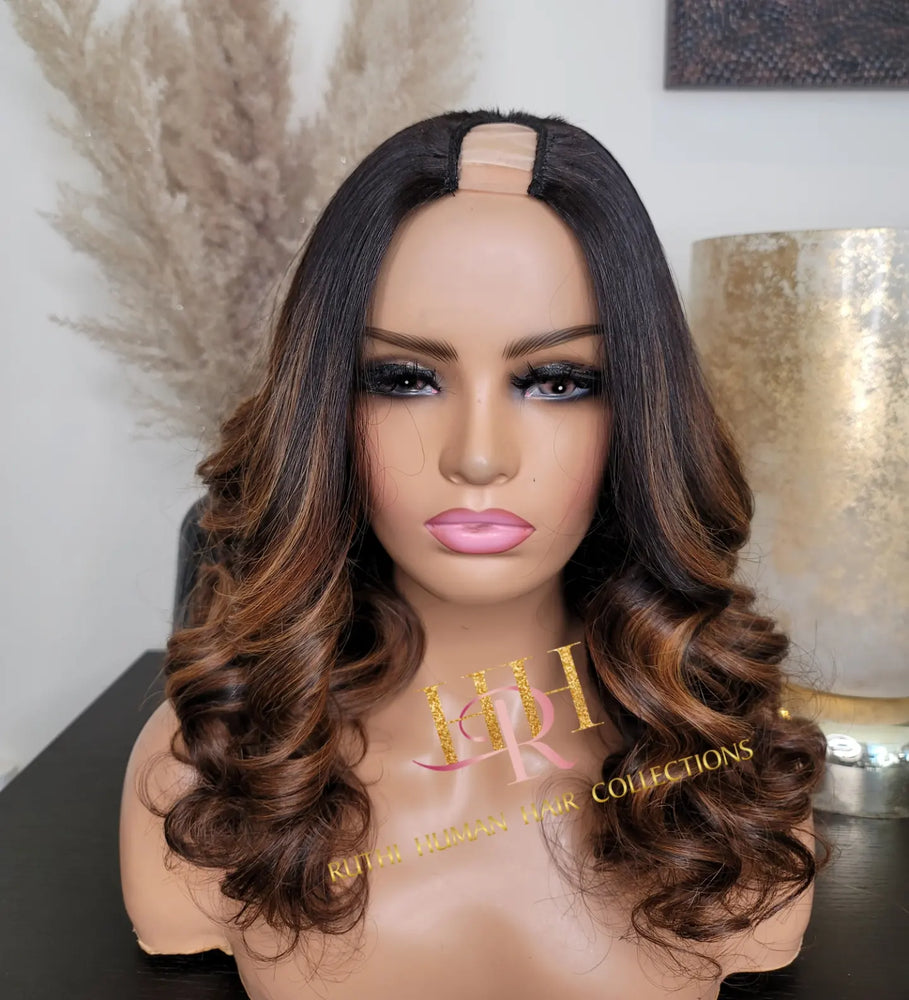 100% humanhair U part wig bodywave black roots with highlights