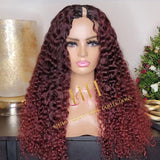 100% Human hair v part wig deep curly burgundy color