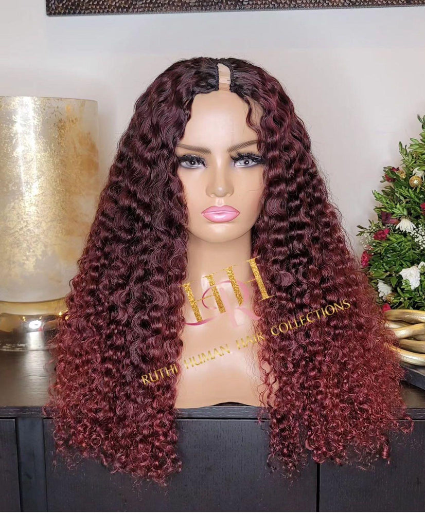 100% Human hair v part wig deep curly burgundy color