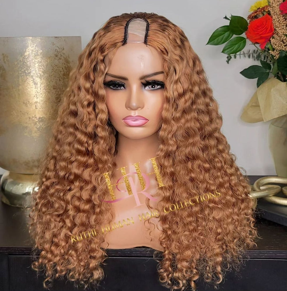 100% Human hair U part wig  deep curly /blonde
