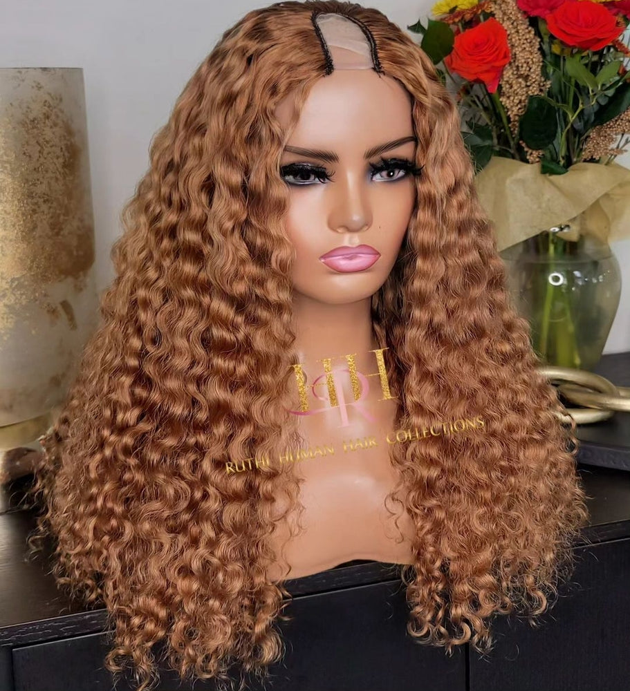 100% Human hair U part wig  deep curly /blonde