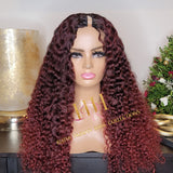 100% Human hair v part wig deep curly burgundy color