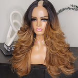 100% humanhair U part wig bodywave black roots with highlights and layers cut