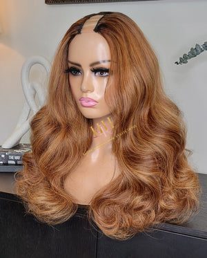 Human hair U part wig  Body wave highlight colored.
