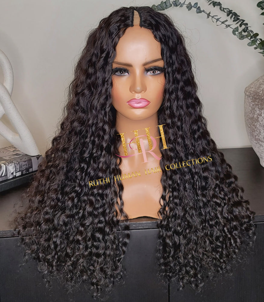 100% Human Hair V part wig deep wave natural black