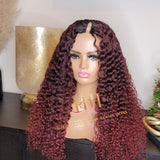 100% Human hair v part wig deep curly burgundy color