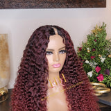 100% Human hair v part wig deep curly burgundy color