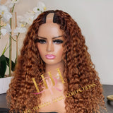 100% Human hair curly U part wig colored.