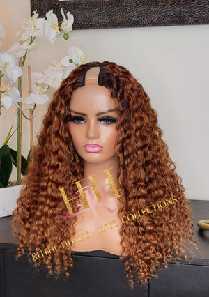 100% Human hair curly U part wig colored.