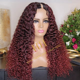 100% Human hair v part wig deep curly burgundy color