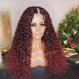 100% Human hair v part wig deep curly burgundy color