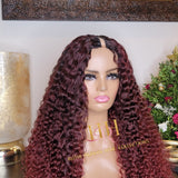 100% Human hair v part wig deep curly burgundy color