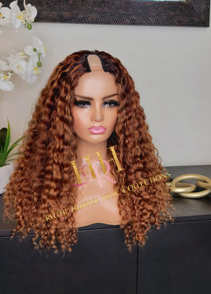 100% Human hair curly U part wig colored.