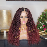100% Human hair v part wig deep curly burgundy color