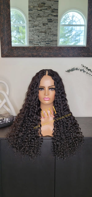 100% Human Hair V part wig deep wave natural black