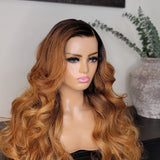 100% Humanhair lace front blonde wig body wave custom colored ombre black roots