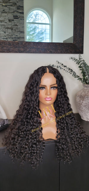 100% Human Hair V part wig deep wave natural black