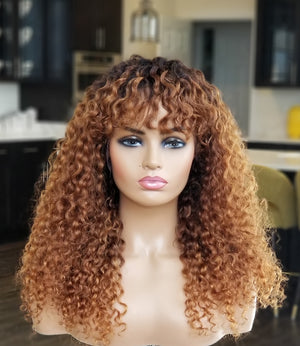 100% Humanhair wig Deep curly Bang cut/ Blonde