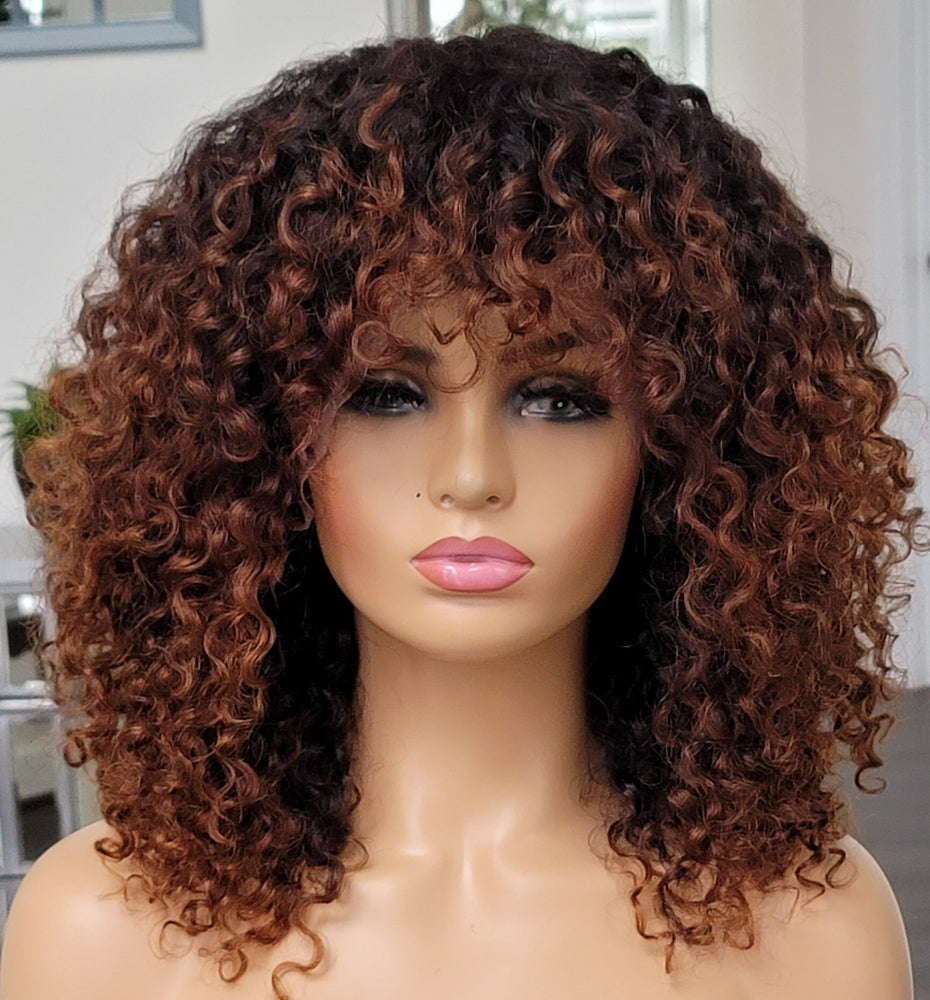 100% Humanhair wig Deep curly Bang cut/ Blonde