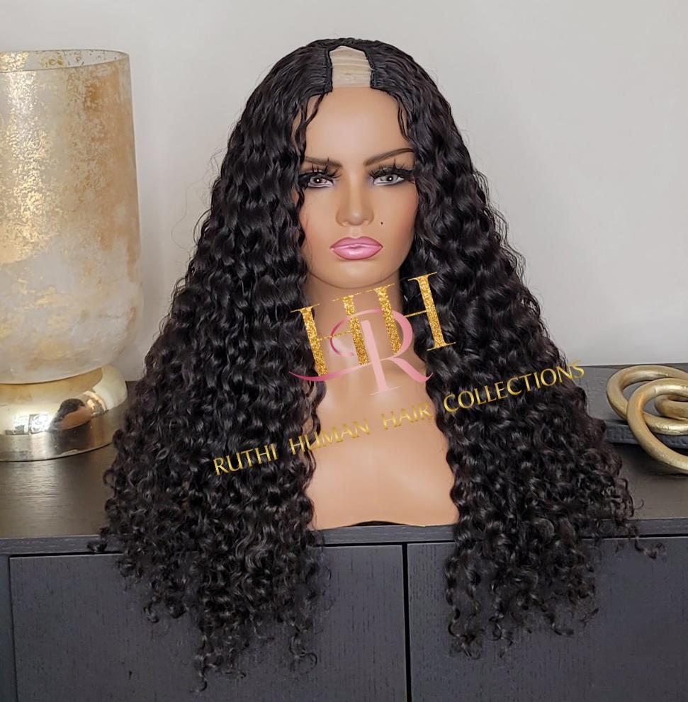 100% Human Hair U part wig deep wave natural black