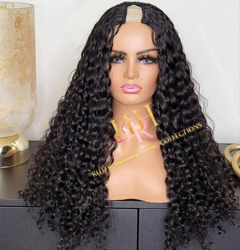 100% Human Hair U part wig deep wave natural black