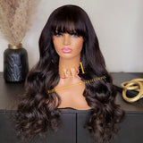 100%Human hair lace closure wig Body wave/ Bang cut