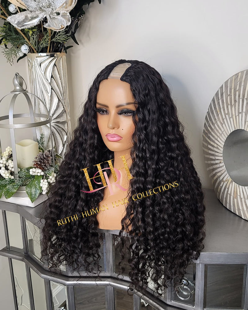 100% Human Hair U part wig deep wave natural black