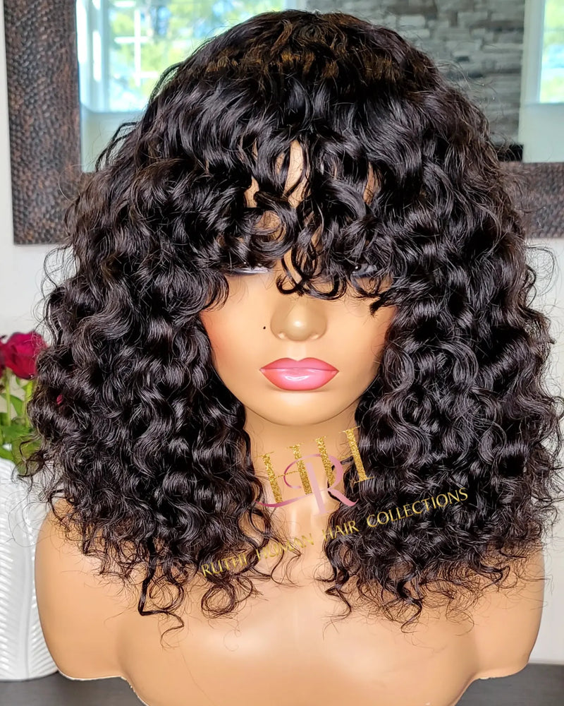 100% Humanhair wig water wave/ curly bang cut