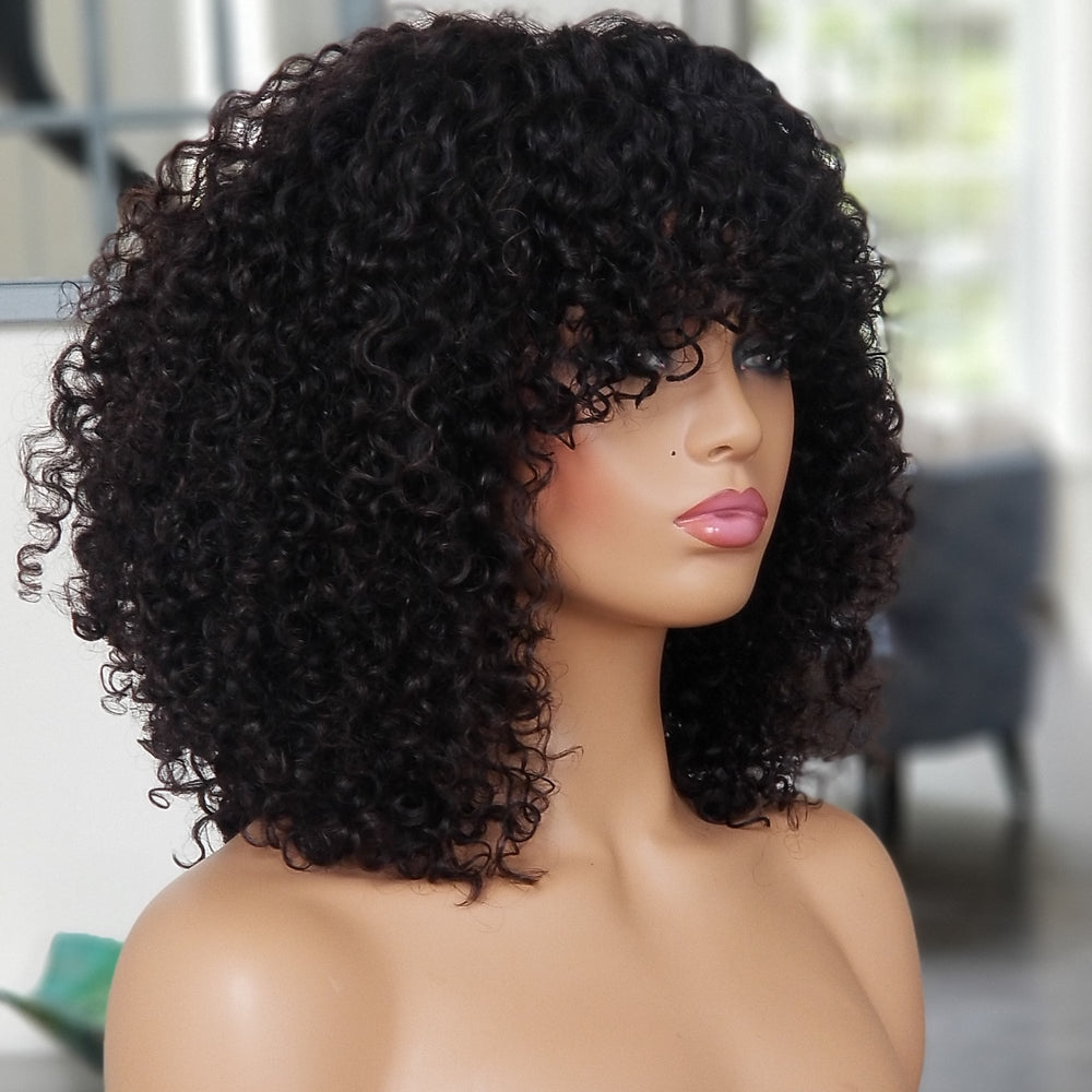 100% Human hair bang style wig Deep Curly