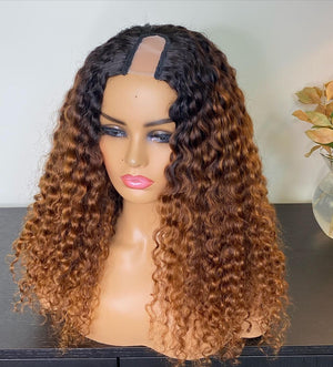 100% Human hair U part wig  kinkiy curly highlight colored.