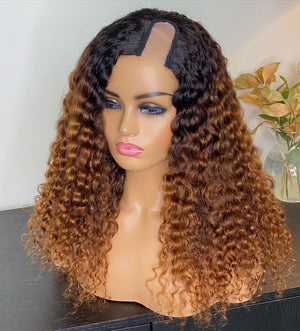 100% Human hair U part wig  kinkiy curly highlight colored.