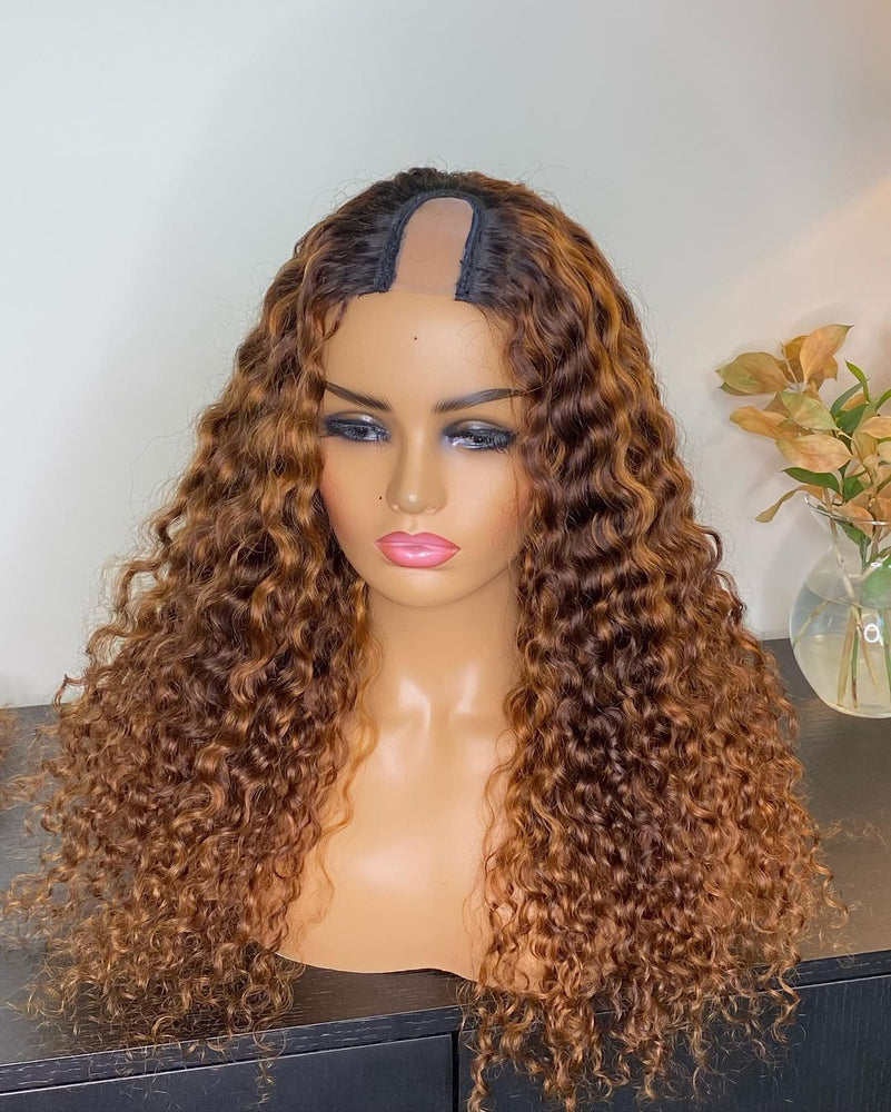100% Human hair U part wig  kinkiy curly highlight colored.